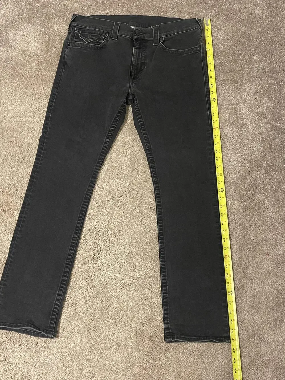 True Religion Jeans Mens 34x32 Black Section Straight Stretch Denim Flap Pockets